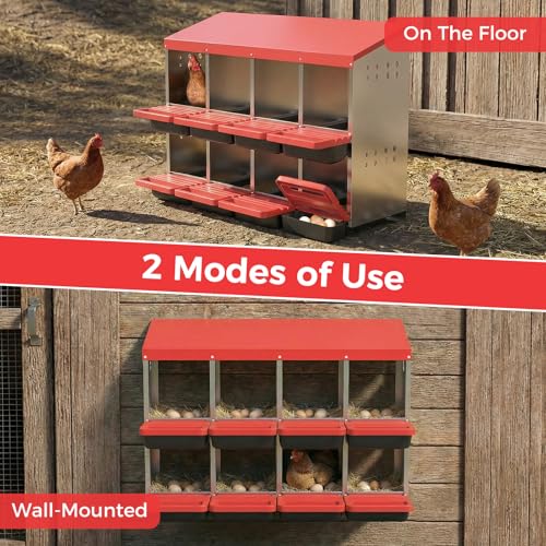 Garvee 8-Hole Chicken Nesting Box with Removable Lid, Metal Chicken Coop with Roll Away Design/Easy Egg Collection/Ventilation Holes, for Chicken Coops, Duck Coops and Hens (RED) - color: RED, size: 8-Hole