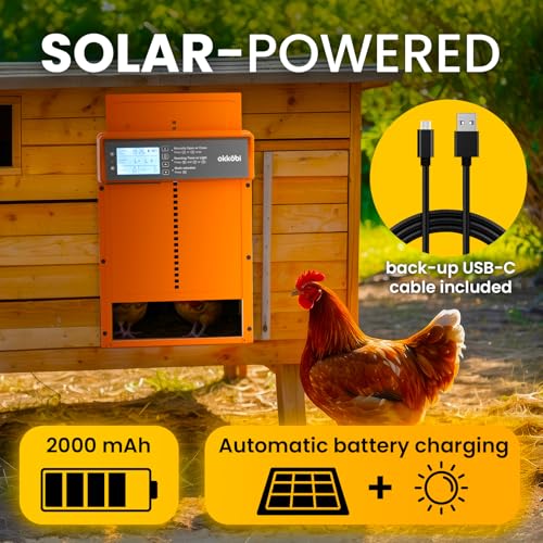 Okkobi Automatic Chicken Coop Door Solar Powered - LCD Display - Chicken Coop Door with Remote Control, Light Sensor & Timer - Anti-Pinch Function - 5-Year Protection - Autumn Ember - color: Autumn Ember