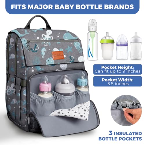 Baby Diaper Bag Backpack - Backpack Diaper Bag w/Large Capacity - Baby Shower Gifts - Waterproof Travel Diaper Bags w/Changing Pad, Insulated Bottle Holders, Padded Straps - Baby Boy Stuff - color: G. Ocean, style: Classic
