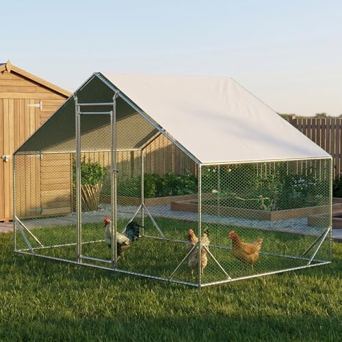 10' x 6.6' Large Metal Chicken Coop, Outdoor Heavy-Duty Chicken Run with Waterproof Oxford Cover & Secure Lockable Door, Walk-in All-Weather Poultry Cage for Hens, Ducks, Rabbits, Silver - color: Silver B, size: 120.0"L x 79.2"W x 79.2"H