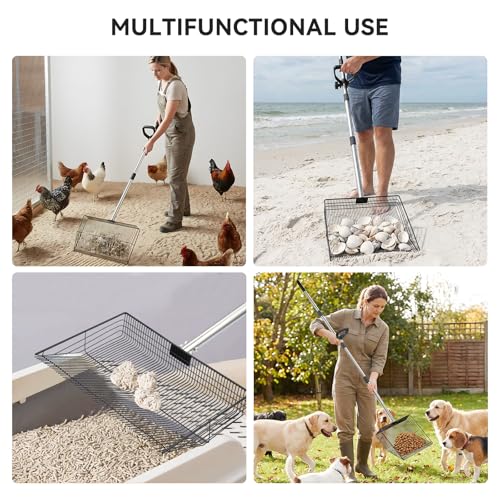 AiQInu 2-in-1 Chicken Poop Scooper & Rake for Chicken Coop, Goat Stall | Adjustable Stainless Steel Poop Scoop with 24"-90" Long Handle, Sifting Shovel for Stable Cleaning