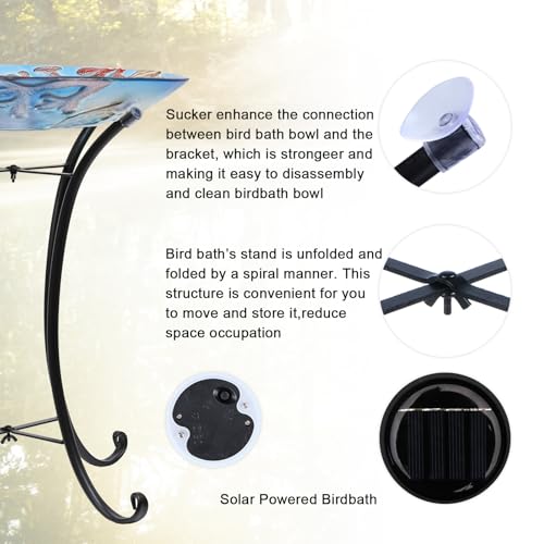 MUMTOP Outdoor Bird Bath Solar Glass Birdbath with Metal Stand Garden Decor | 18" Diameter 21.65" Height Solar Turtle Bird Baths for Lawn Yard Garden Decor, Solar Large Glass BirdBaths Bird Feeder - color: Blue