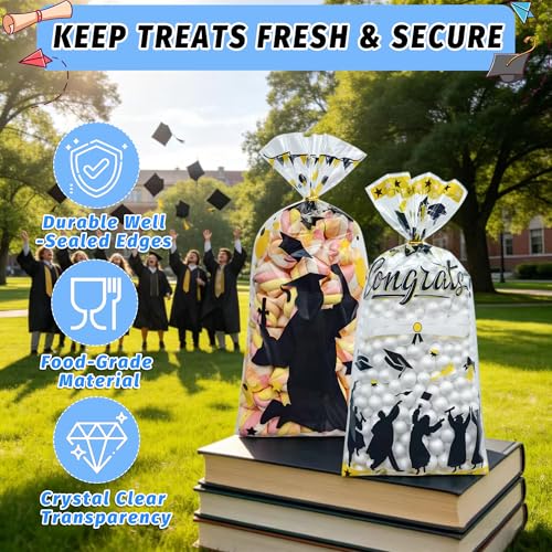 Soarvita 100PCS Graduation Cellophane Treat Bags: Double-Sided Printed Graduation Candy Bags with Gold Twist Ties, Clear Goodie Bags for Graduation Party Favors, Cookies, Popcorn, Gifts (Black Gold) - color: Graduation-100pcs