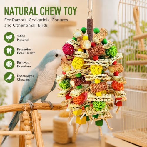 Parrot Chew Toy, Natural Material Bird Foraging Toy for Conures, Quaker Parrots, Medium-Sized Birds - Colorful Hanging Shredding Toy with Woven Ball, Corn Cob and Wooden Beads - color: Colorful, size: Large