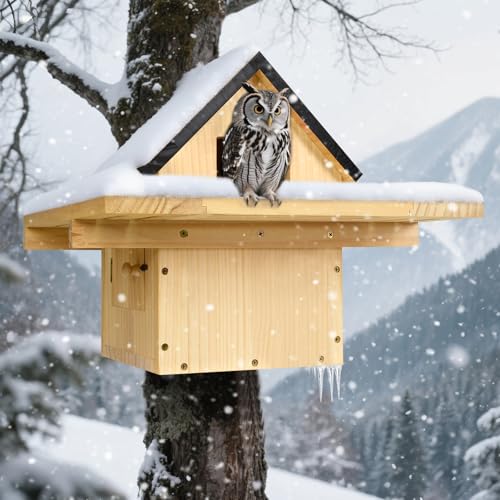 Owl House, Screech Wooden Owl Nesting Box, Weatherproof Design with Bird Stand, Large Opening, Mounted Birdhouse for Garden & Outdoor