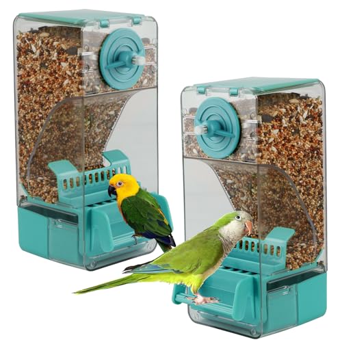 Bird Feeder No Mess 2PCS Automatic Clear Bird Seed Food Container Acrylic Parrot Feeder Dispenser Cage Accessories for Parakeet Budgies Cockatoo Canary Love Bird (Blue) - color: Blue