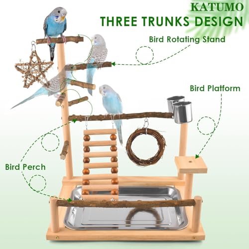 KATUMO Bird Playground - Natural Wooden Perches Parakeet Ladder Conure Swing Bird Cage Accessories with Removable Tray & 2 Stainless Steel Cups