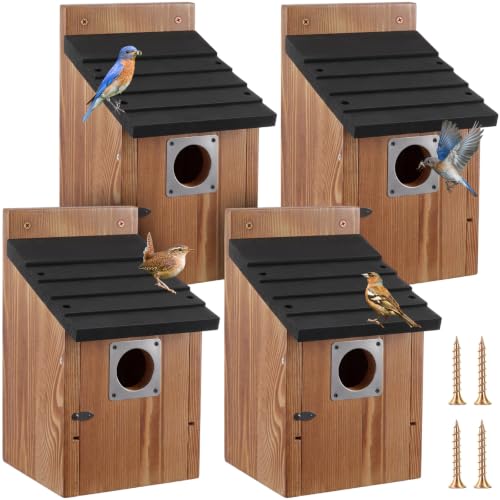 Dreyoo 4 Pack Bluebird Houses for Outside with Metal Predator Guard, 1-1/2" Entrance Hole Wooden Blue Bird Houses for Outdoors, Bluebird Nesting Box(Black Roof, Burnt Wood Body) - color: Black Roof, Burnt Wood Body