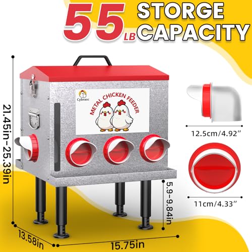 10-Gal Metal Automatic Chicken Feeder with No-Waste Feeding Tray | 55LB Capacity, 8 Feeding Ports, Rust-Proof Alloy Steel, Clear Viewing Window, Height-Adjustable Legs for Chicken Coops - color: Red, size: 10GAL-55LB