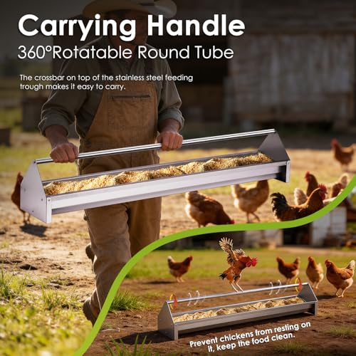 Chicken Feeding Trough 45" Chicken Feeder and Duck Feeder | Stainless Steel, Double Sided Poultry Chicken Feeder Trough, with Crossbar Large Capacity for Chicken Duck Goose Quail