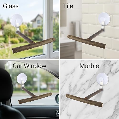 Natural Wood T-Shaped Bird Perch with Suction Cup for Window | Portable T-shaped parakeet window stand & bird shower perch for cockatiel, lovebird or budgie. Fits glass, mirrors & tiles
