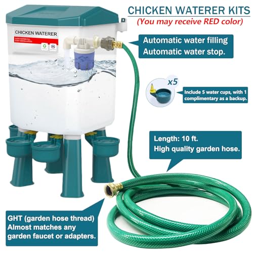 Float-Controlled Automatic Chicken Waterer & No Waste Feeder Kits - Chicken Coop Accessories, Poultry Waterer and Feeder, Two Buckets 3 Gallon/18-23 Pounds - color: Blue+Red
