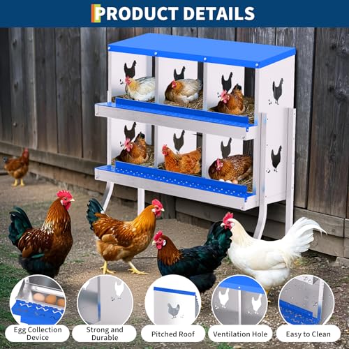 Chicken Nesting Box, 6 Compartment Galvanized Steel Chicken Laying Boxes, Heavy Duty Rustproof Chicken Coop with Easy Egg Collection for Backyard Farms - with Bracket Legs, Blue - color: blue, size: 46.1"L x 17.3"W x 8.5"H