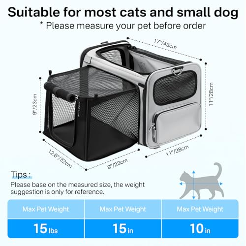 Expandable Cat Carrier, Airline Approved Soft Sided Pet Carrier for Cats & Small Dogs Up to 15 lbs, with Locking Safety Zippers & Cozy Fleece Pad, Portable for Car & Vet Visits, Black