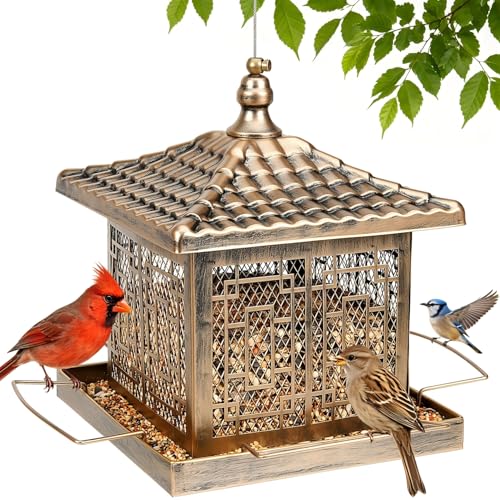 Metal Bird Feeder for Outdoors, 8.6LB Large Capacity Wild Bird Feeders Hanging for Outside, Rustproof Weatherproof with 4 Perches, Attract Cardinals Bluebirds Finches Chickadees Garden Decor