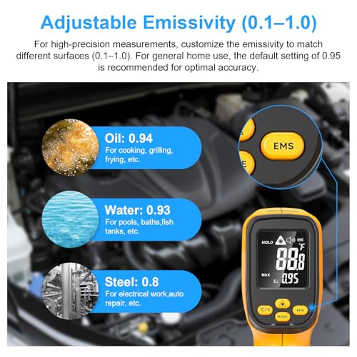Non-Contact Infrared Thermometer Gun, High Accuracy -58°F to 1472°F, Adjustable Emissivity, Ir Thermometer with Backlit LCD, Over-Temp Alarm, Laser Temperature Gun for Cooking,BBQ,HVAC - color: Yellow