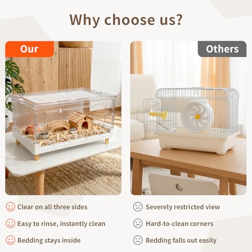 Hamster Cage 13.4" Low Profile Cozy Dwarf Hideout Castle | 470 Sq In roomy floor, frosted rear privacy panel, 2.5" base tray, bookshelf fit draft protection, 5-min foldable frame - size: 27.5"L x 16.9"W x 13.4"H