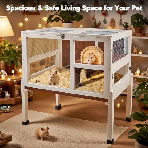 2-Story Guinea Pig Cage with Stand, Indoor Wooden Hamster Cage with Ramp, Pull-Out Tray, Hideout & Platform, Acrylic Transparent Small Animal Habitat for Chinchillas, Ferrets, Hedgehogs, Walnut - color: Walnut