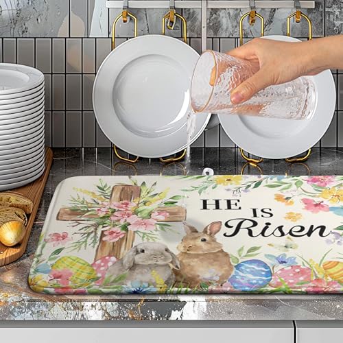 Easter He Is Risen Bunny Dish Drying Mat for Kitchen Counter Spring Easter Cross Floral Eggs Drying Pad 18x24 In Microfiber Absorbent Holiday Dishes Drainer for Kitchen Counter Tableware - color: Easter Cross, size: 18" x 24"
