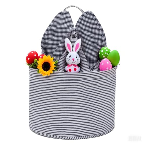 Easter Basket Seersucker Egg Hunt Bunny Baskets for Kids with Cute Rabbit Ears Stripe Storage Gifts Candies Personalized Easter Party Gifts… - color: Seersuck Navy