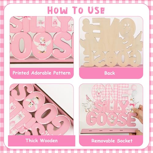 One Silly Goose Birthday Decor Girl Wooden Goose Table Decor Pink One Silly Geese Birthday Centerpiece for Table Funny Geese Desk Sign Supplies for Farm Animal First Celebration