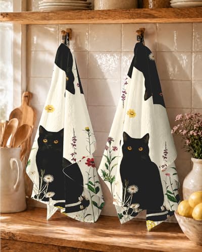 150GSM Flour Sack Kitchen Towels Set of 2, Retro Cats Floral | 18"x26", Lightweight, Lint-Free, Pure Cotton, Decorative, with Hanging Loop, Absorbent, Softer after Wash, Giftable Package - color: Cat in Flower
