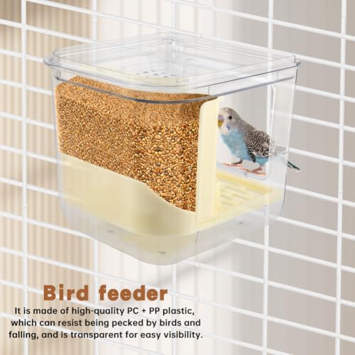 Automatic Bird Feeder with 2 Spoons, No Mess Bird Feeder for Cage, Transparent Bi-rd Cage Accessories for Parakeet Canary Cockatiel Finch(Color:White)