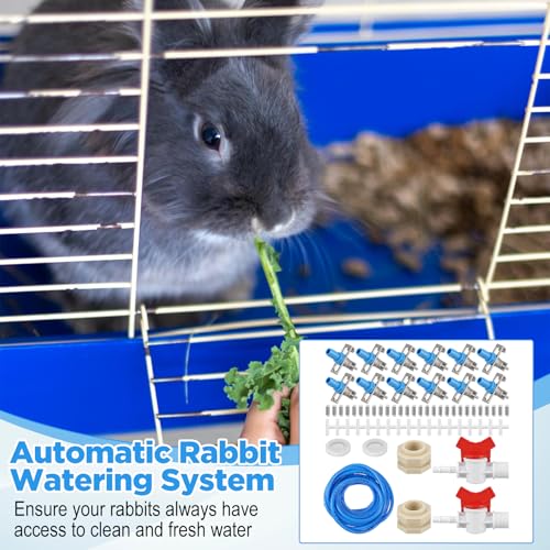 16 Set Automatic Rabbit Watering System Kit,ID 5/16" Hose 16 PCS Nipple Drinkers,Barb Fittings to G1/2" Thread Connectors, Bunny Rabbit Waterer Kit T-Fittings Springs,Gaskets,Bucket Connector