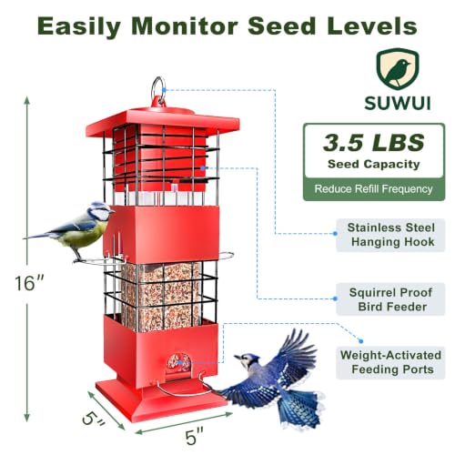 Squirrel Proof Bird Feeder, 3.5Lbs Metal Wild Bird Feeders Anti Squirrel with 4 Feeding Ports for Garden Bird Feeding Station Outdoors Hanging, Pigeon Resistant, Easy to Clean & Refill (Red) - color: Red