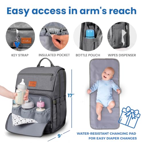 Baby Diaper Bag Backpack - Large Bag for Boys & Girls, Waterproof Diaper Backpack - Travel Diaper Bags w/Changing Pad, Baby Registry Search & Shower Gifts - Essentials Must Haves Newborn Stuff - color: O. Dark Gray, style: Classic