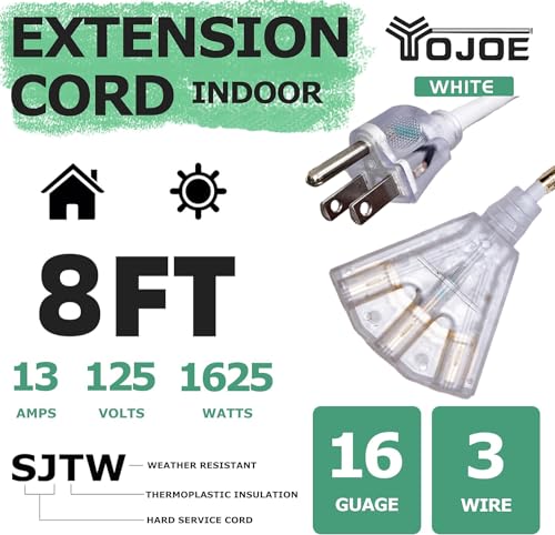 YOJOE 3-Outlets Indoor Outdoor Extension Cord with Lighted End, 3 Prong 13A Weatherproof Power Cord, 16 Gauge Heavy Duty 8 ft White Extension Cord Multiple Outlets, 16/3 SJTW UL Certified - color: White, size: 8 Foot, style: Lighted End