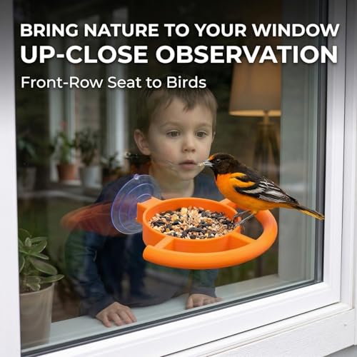 Window Bird Feeder with Strong Suction Cup, Vibrant Orange Bird Watching Feeder for Wild Birds, Easy to Clean Tray and Curved Perch, Perfect Bird Watching Gift for Garden & Home (1Pcs)