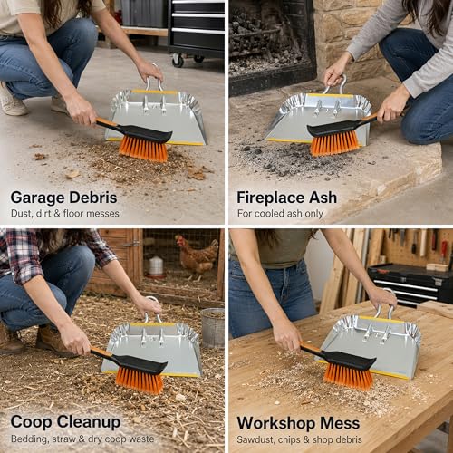 17" Heavy Duty Metal Dust Pan with Brush Set | Large Wide Mouth Dustpan with Stiff Bristle Cleaning Brush for Garage, Wood Stove, Workshop and Outdoor Cleanup, Silver - size: 1 Count (Pack of 1) with Brush