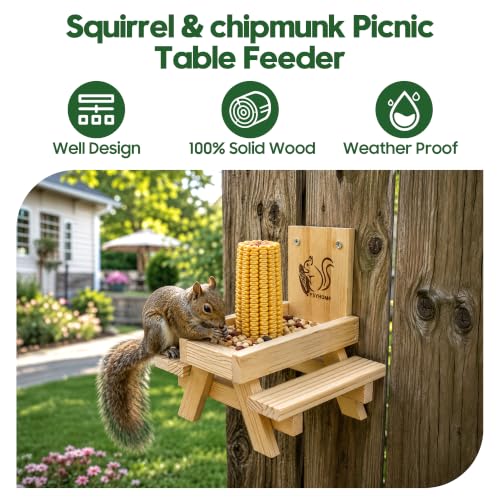 Squirrel Feeder for Outside and Garden, Funny Squirrel Picnic Table Feeder with Corn Cobs Holder and Peanut Tray, Quick Assembly Required