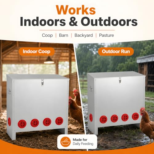 Automatic Chicken Feeder 85-120lbs Capacity, Galvanized Metal Poultry Feeding Equipment, Rainproof & Rodent Proof Large Chicken Food Dispenser for Backyard Coop & Farm Use (10 Ports) - style: 10 Ports(85-120LBS)
