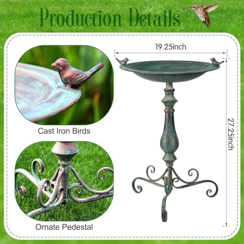 Newtay 27.25 Ornate Metal Pedestal Style Birdbath with Cast Iron Vintage Birds Baths for Outdoors on Rim Full Base Standing Bird Bath Tray for Garden Yard Decoration, Green, Not Easy to Rust - color: Green