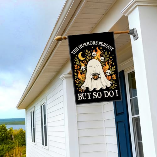 RZHV The Horrors Persist But So Do I Double-Sided Garden Flag for Outdoor House Yard Sign Garden Decor Parade, Funny Motivational Fall Ghost Outdoor Banner, Halloween Social Justice Front Yard Flag - color: Horrors G