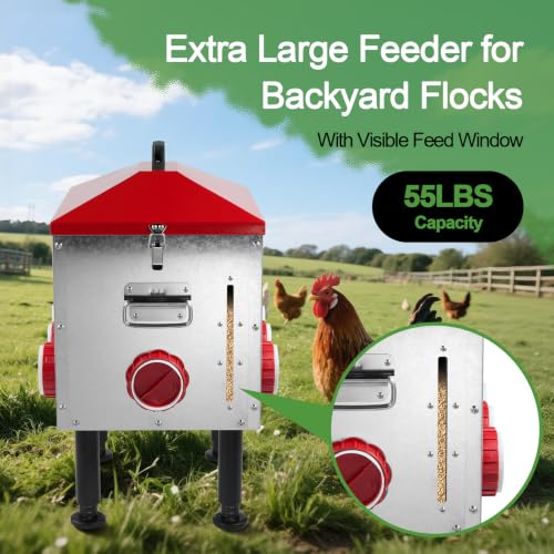 Large Automatic Chicken Feeder, 55LBS Chicken Feed Dispenser with Lid, 8 Feeding Ports, Adjustable Legs, Rodent Free, Waterproof Outdoor Metal Poultry Feeder