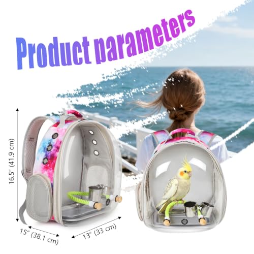 Galaxy Bird Carrier Backpack, Water and Food Cup, Tray and Perch, Clear Bubble Space Capsule Travel Bag - color: Galaxy Pink