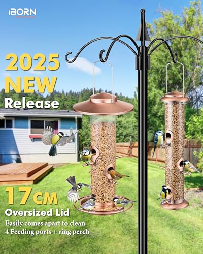 iBorn Bird Feeders for Outdoors, 1.5LB Metal Bird Feeders 17cm Large Roof &Tray, 4 Feeding Ports, Brushed Copper Finishing - color: Brushed Copper, 2LB, 4 Ports