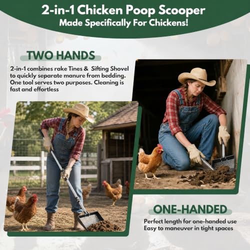 Chicken Poop Scooper & Rake 2-in-1, 10" Stainless Steel Sifting Shovel, Interchangeable Dual Heads, 5-Section Handle 24-68", 3 Angles, Includes Gloves, Heavy Duty Chicken Coop Cleaning Kit