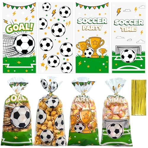 100PCS Soccer Cellophane Treat Bags - Clear Plastic Goodie Bags with 110 Gold Twist Ties - Soccer Party Favor Bags for Candy, Snacks, Game Day, Sports Events, Football Theme Parties & School Activities - color: Soccer-100pcs