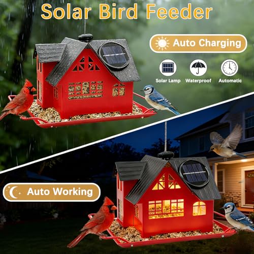 Solar Bird Feeders for Outdoors Hanging, Heavy-Duty All-Metal | House-Shaped Small Birdfeeders with Solar Lights, Charming Garden Decor, Unique Gifts for Bird Lovers, Mom and Grandma(Red) - color: Red