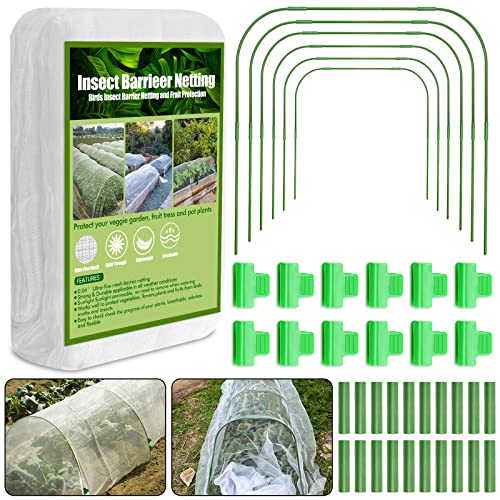 67pcs Garden Mesh Netting Kit, 6 Sets Wide Garden Hoops with Garden Covers | 10x20 ft Bird Netting & 12 Clips, Garden Protection for Raised Beds, Greenhouse, Vegetable Plants, Flowers, Animals - color: White+green