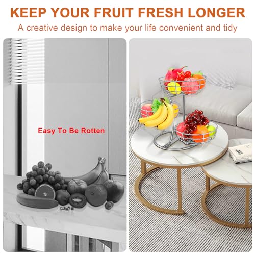 Livabber Fruit Basket Bowl with Banana Hanger, Fruit Vegetable Storage Basket with Banana Tree Holder for Kitchen Counter, Detachable Organizer for Bread Snack Produce (Chrome, 3-Tier Metal Base) - color: Chrome, style: 3-Tier Metal Base