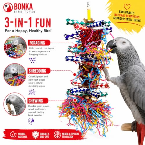 Bonka Bird Toys 1042 Huo Foraging Hearts Bird Toy for Medium Large Birds Interactive Shredding and Chewing Cage Toy Colorful Palm Leaf and Paper Enrichment Toy 12.5" - color: Duo Foraging Heart