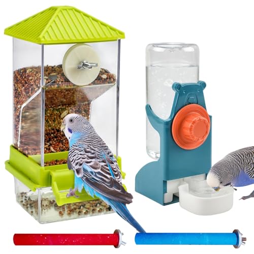 Hamiledyi No Mess Bird Feeders Water Dispenser Set Parakeet Seed Container Automatic Cage Feeder with Perch Transparent Cage Accessories for Budgies, Parakeets, Canaries, Lovebirds, Finches - color: Green + Drinking Bottle + Perch