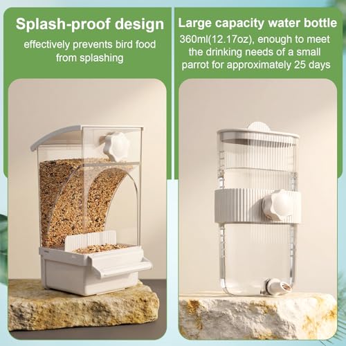 Novabright No Mess Bird Feeder Water Dispenser Set, Automatic Transparent Bird Food Container and 12 oz Automatic Water Feeder for Small Birds Parrot, Cockatoo, Canary, Cage, Lovebird, Budgies(White) - color: White