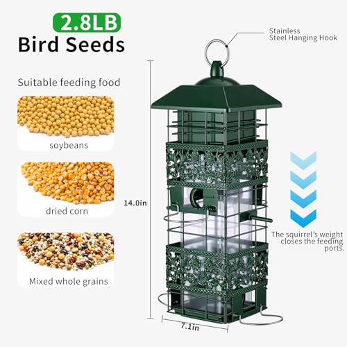 Squirrel Proof Bird Feeder, 2.8LB Weight-Activated Metal Outdoor | Weight-activated guard, metal body, clear seed tube, 4 ports, top-fill, 2.8LB capacity for outdoor backyard bird watching