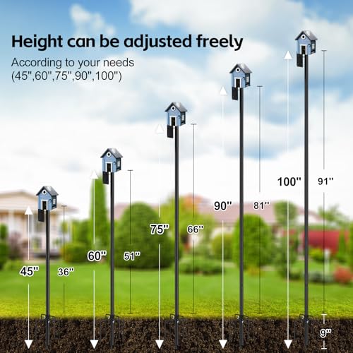 Bird House Pole,100" Outdoor Bird Feeder Pole Kit Stand with 5-Pronged Base, Adjustable Height & Universal Mount for Easy Setup, 2 Installation Methods, Matte Black Finish (Without Bird House) - size: 100"